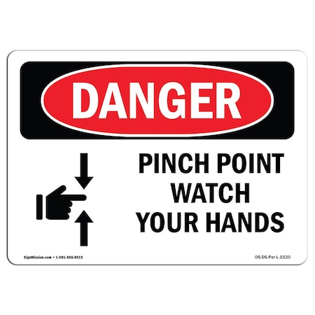 OSHA Danger Sign, Pinch Point Watch Your Hands, 24in X 18in Aluminum